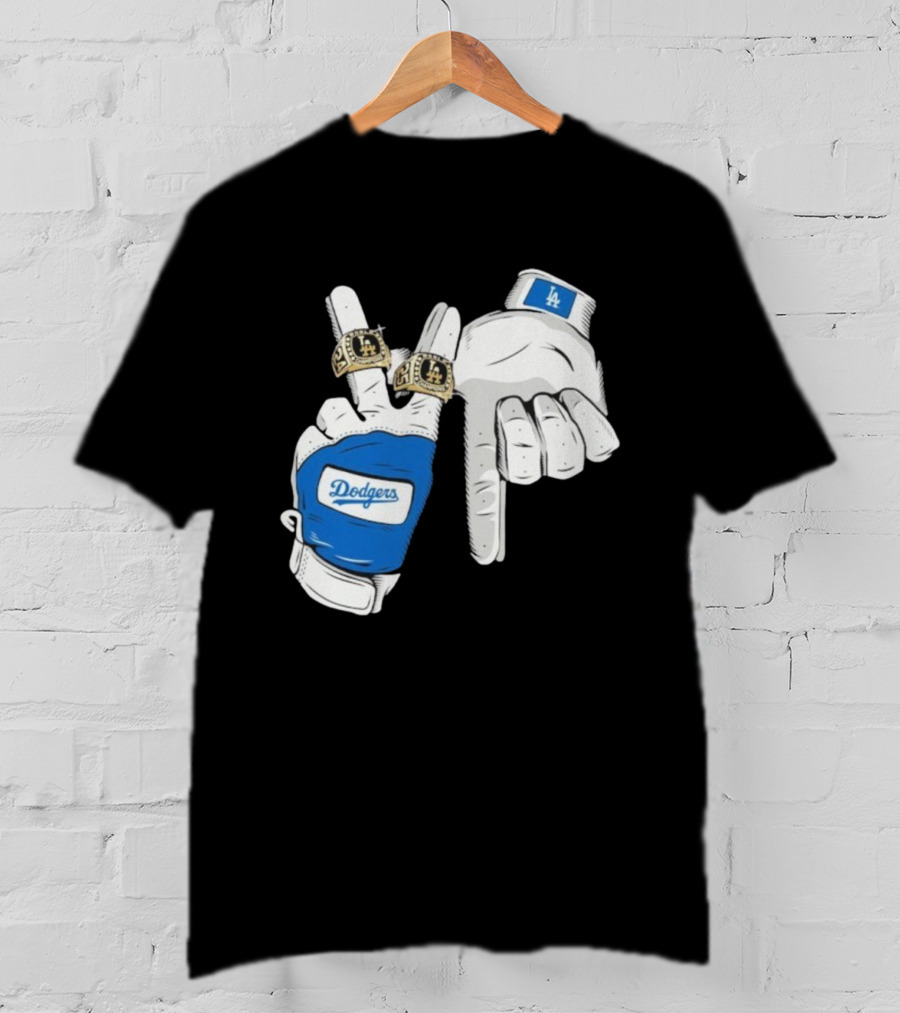Los Angeles Dodgers Back 2 Back World Series Champions 2025 Rings LA Logo Glove Hands T-Shirt