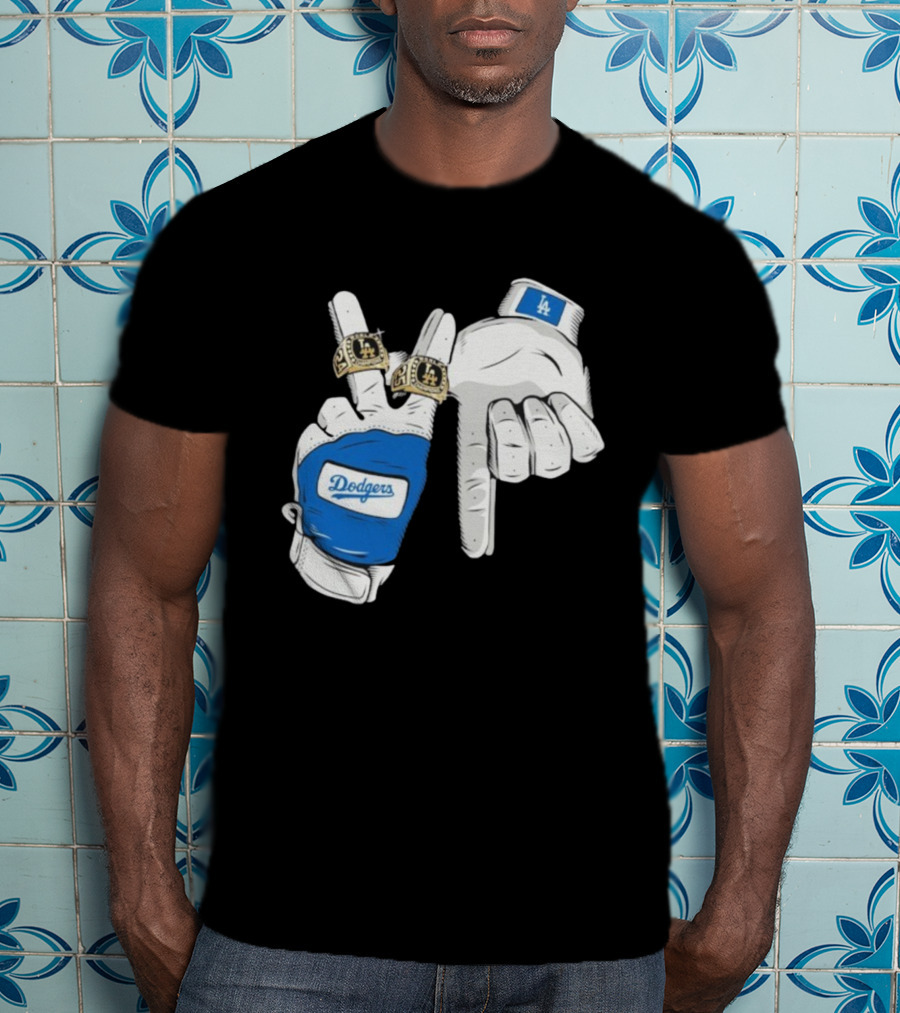 Los Angeles Dodgers Back 2 Back World Series Champions 2025 Rings LA Logo Glove Hands T-Shirt