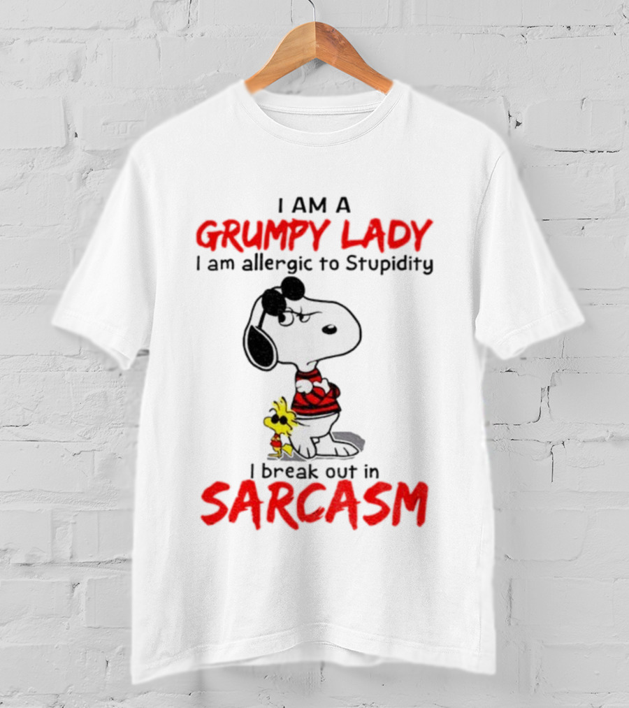 Snoopy Grumpy Lady Allergic To Stupidity Break Out In Sarcasm T-Shirt