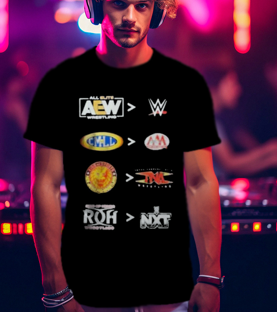 AEW Vs WWE CMLL Vs AAA NJPW Vs TNA ROH Vs NXT Wrestling Logos T-Shirt