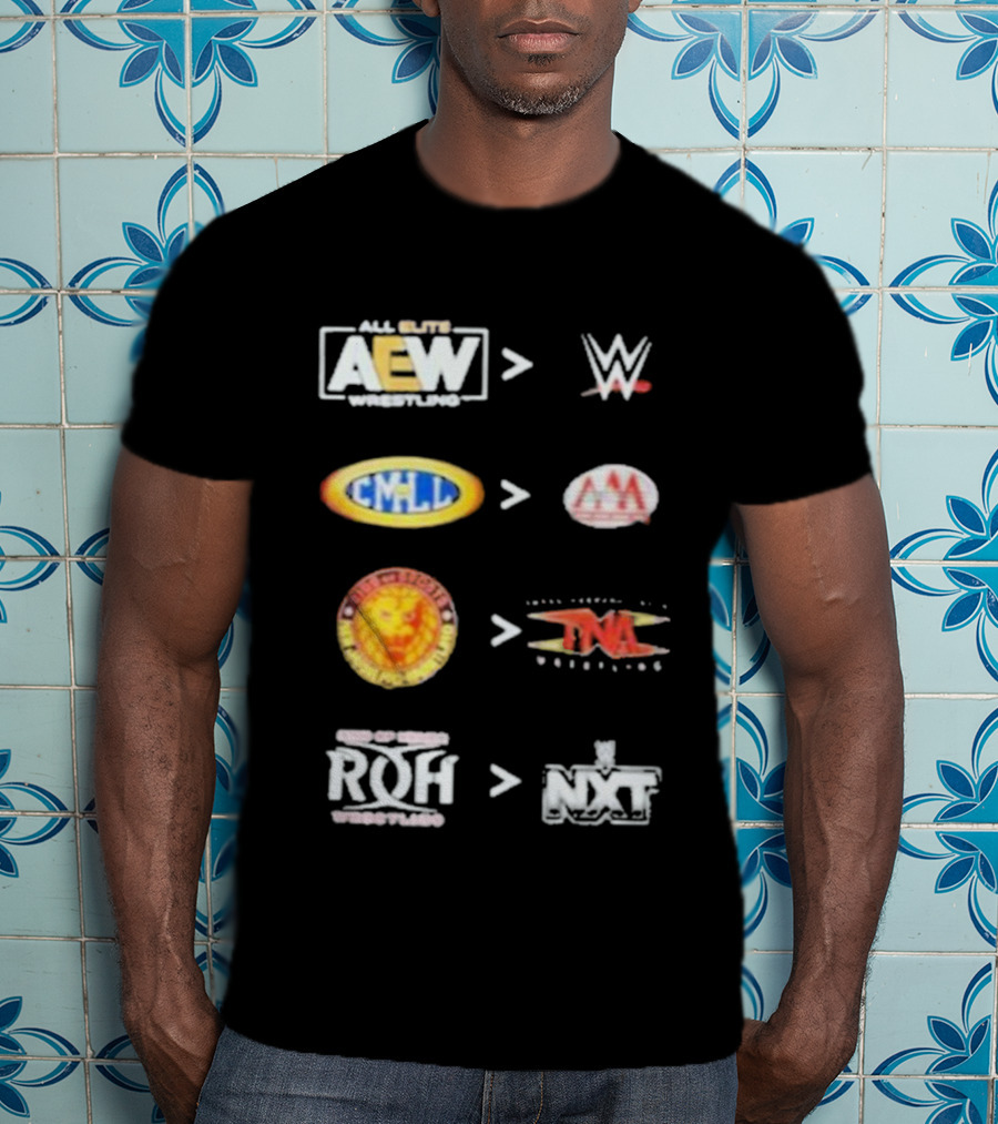 AEW Vs WWE CMLL Vs AAA NJPW Vs TNA ROH Vs NXT Wrestling Logos T-Shirt