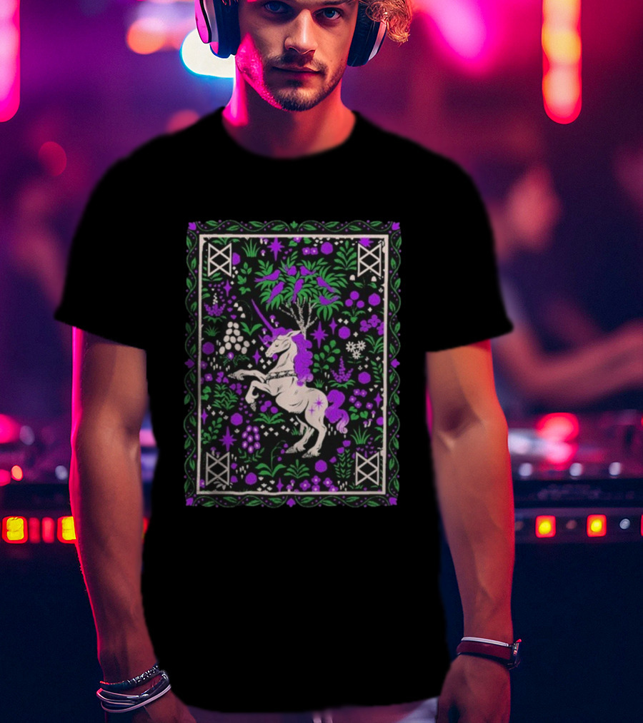 Garyl Unicorn Enchanted Forest Magic Purple Pink Green Botanical T-Shirt