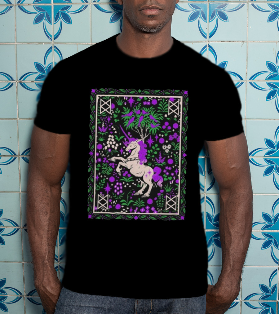 Garyl Unicorn Enchanted Forest Magic Purple Pink Green Botanical T-Shirt