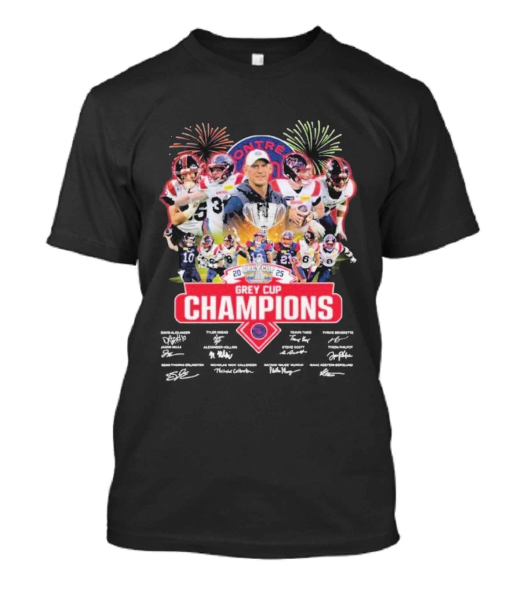Montreal Alouettes 2025 Grey Cup Champions Winner Signatures Fireworks Celebration T-Shirt