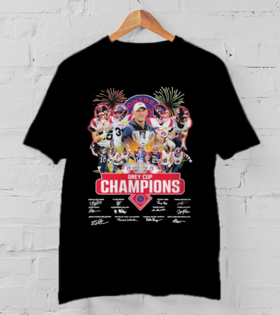 Montreal Alouettes 2025 Grey Cup Champions Winner Signatures Fireworks Celebration T-Shirt