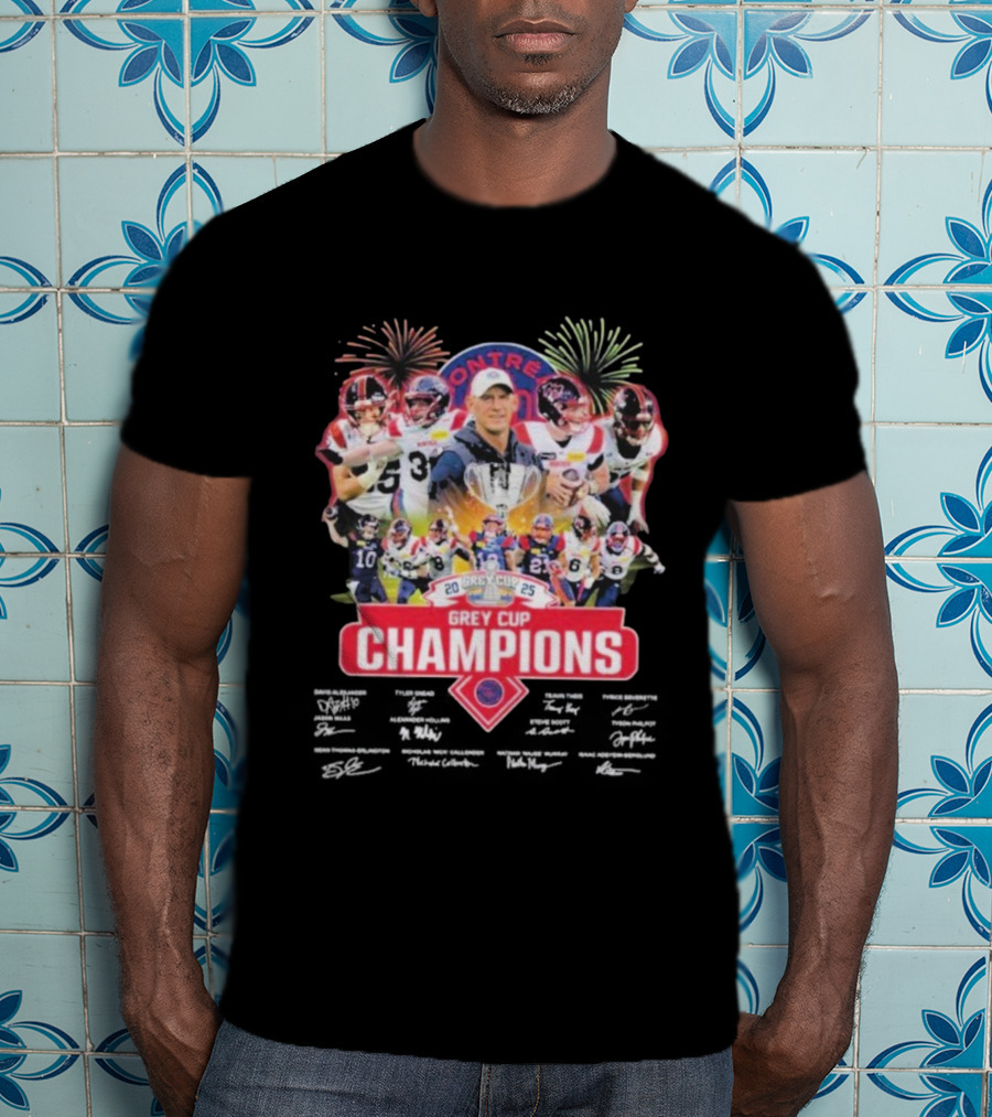 Montreal Alouettes 2025 Grey Cup Champions Winner Signatures Fireworks Celebration T-Shirt