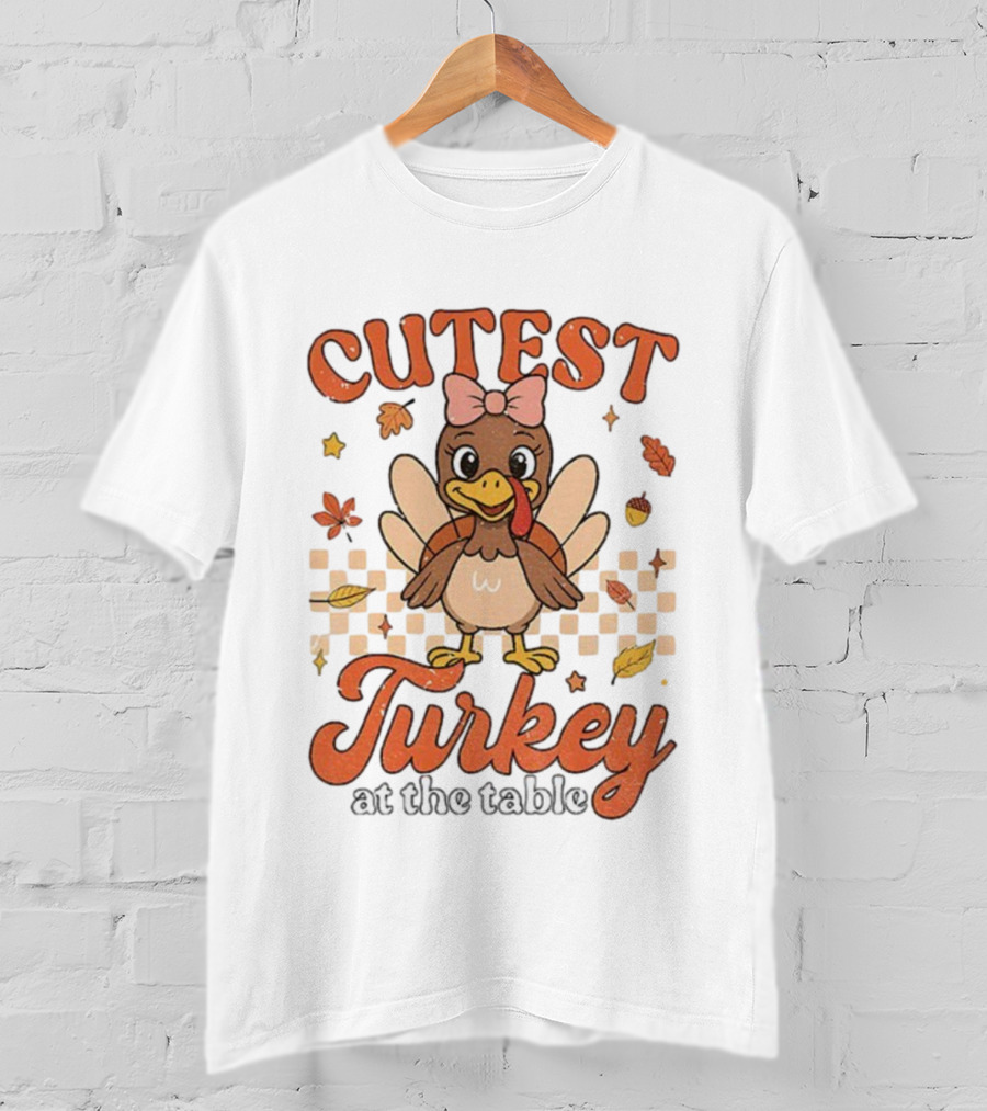 Cutest Turkey At The Table Thanksgiving Bow And Leaves T-Shirt
