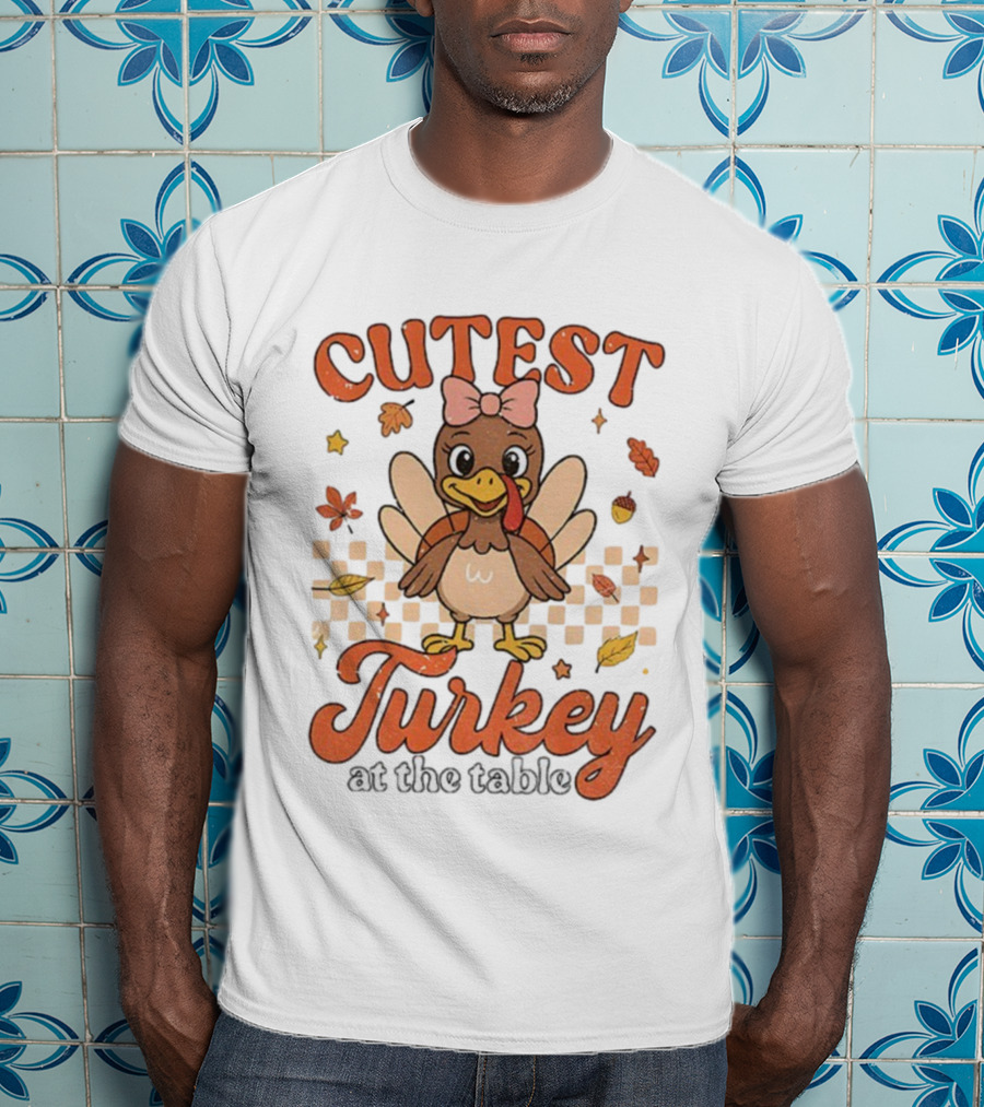 Cutest Turkey At The Table Thanksgiving Bow And Leaves T-Shirt