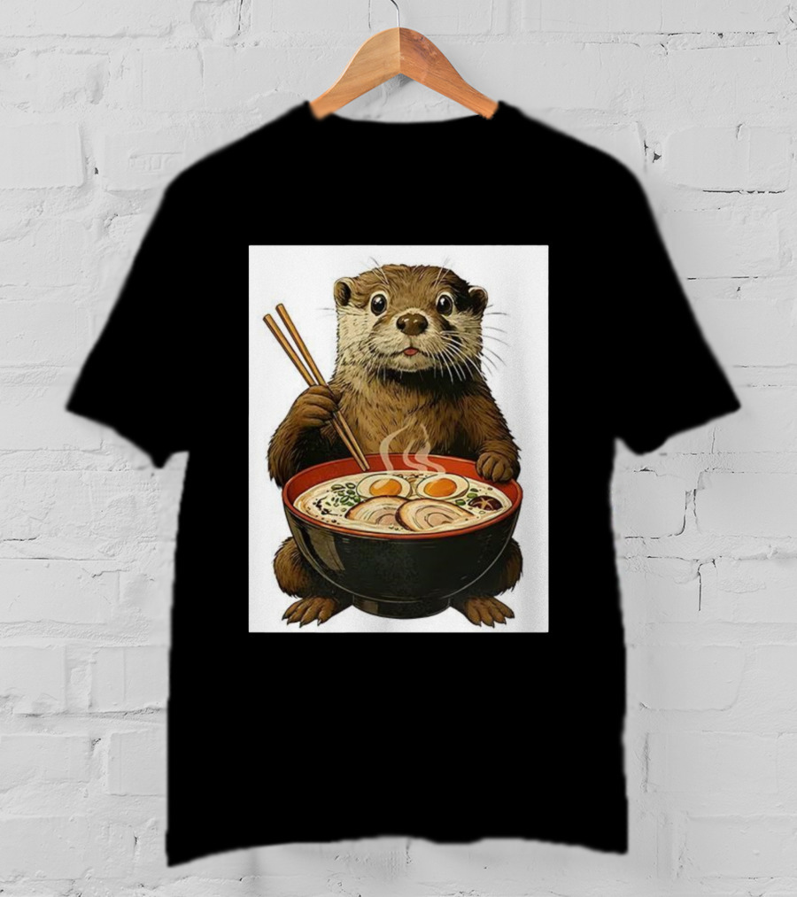 Cute Otter Enjoying Steaming Ramen With Chopsticks Illustration T-Shirt