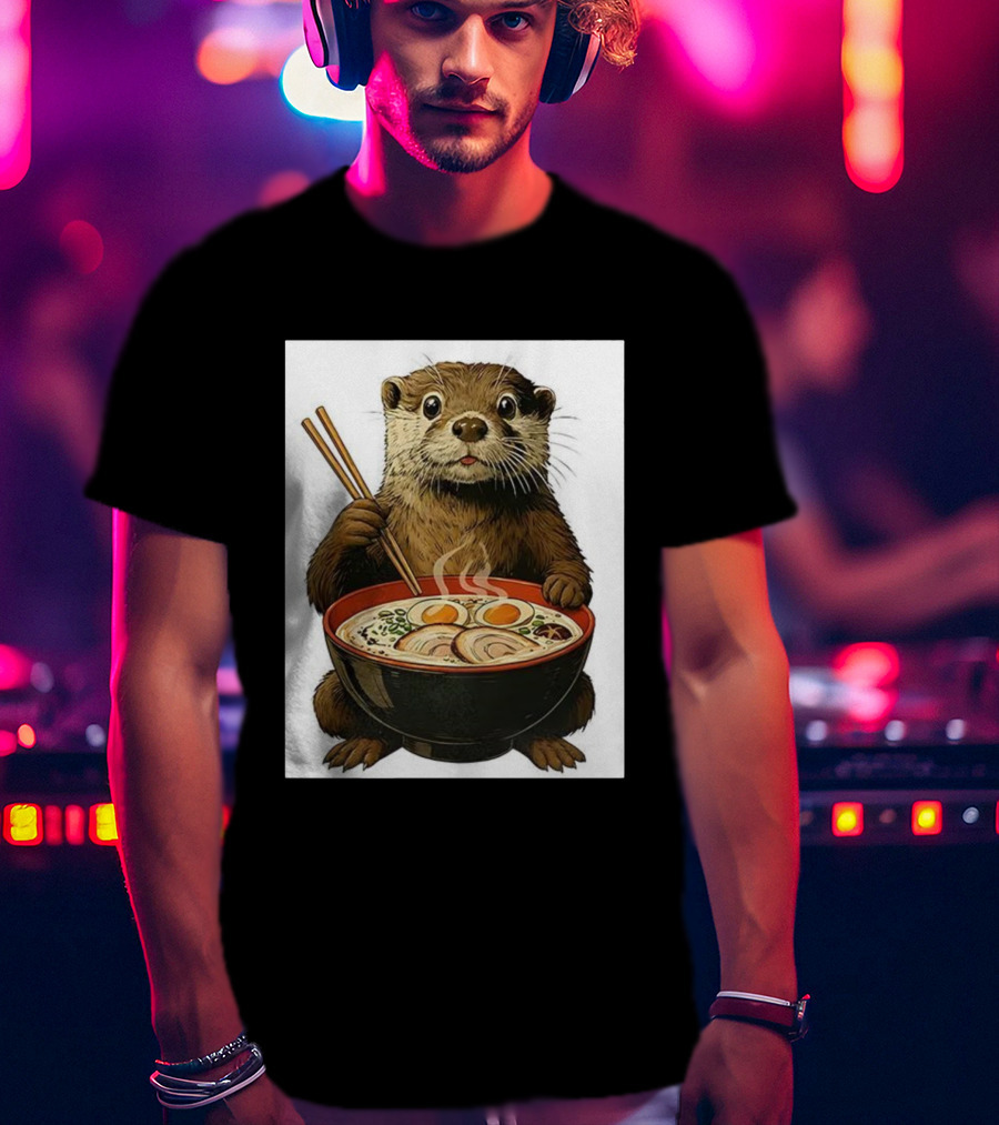 Cute Otter Enjoying Steaming Ramen With Chopsticks Illustration T-Shirt