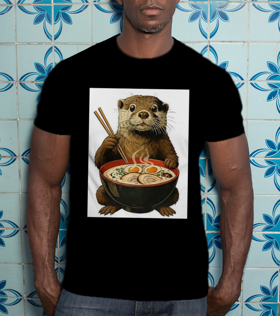 Cute Otter Enjoying Steaming Ramen With Chopsticks Illustration T-Shirt