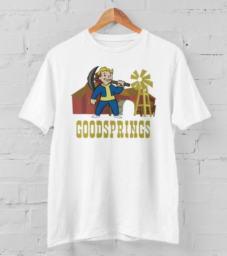Fallout Goodsprings Vault Boy Pickaxe Barn Windmill T-Shirt