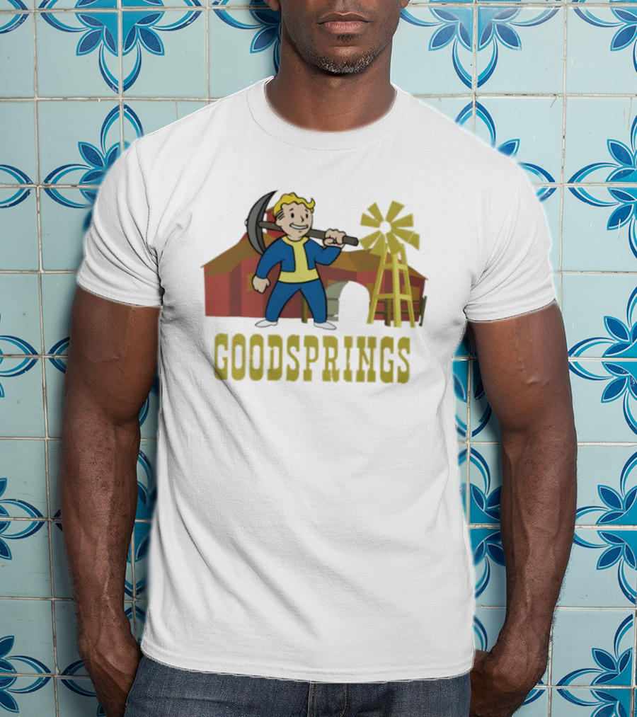 Fallout Goodsprings Vault Boy Pickaxe Barn Windmill T-Shirt