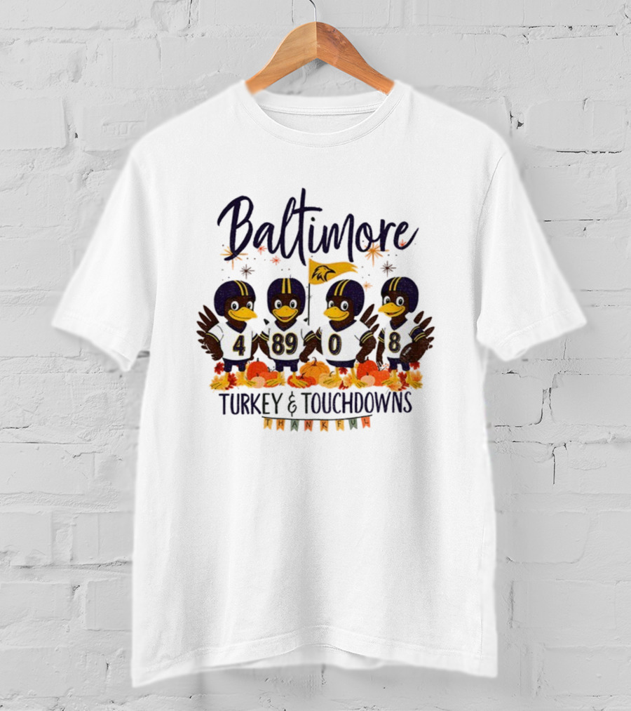 Baltimore Ravens Turkey And Touchdowns Thankful Thanksgiving Football T-Shirt