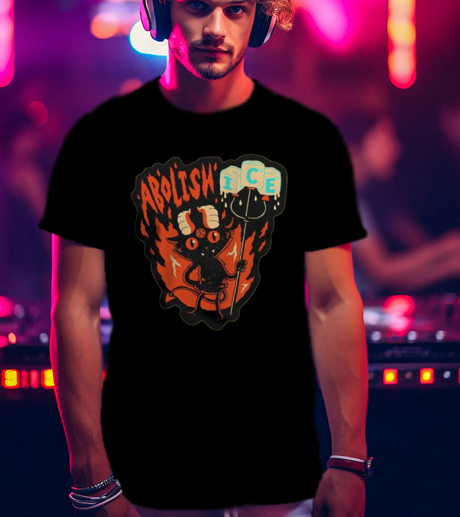 Abolish ICE Devilish Pitchfork Fire Demon Cartoon Horns T-Shirt