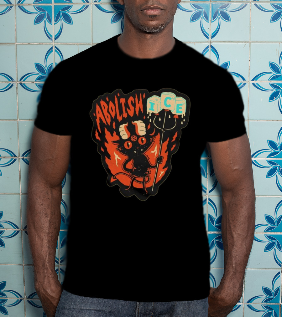Abolish ICE Devilish Pitchfork Fire Demon Cartoon Horns T-Shirt