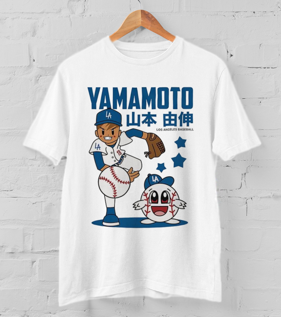 Yamamoto Los Angeles Dodgers Cartoon With Baseball Character And Stars T-Shirt