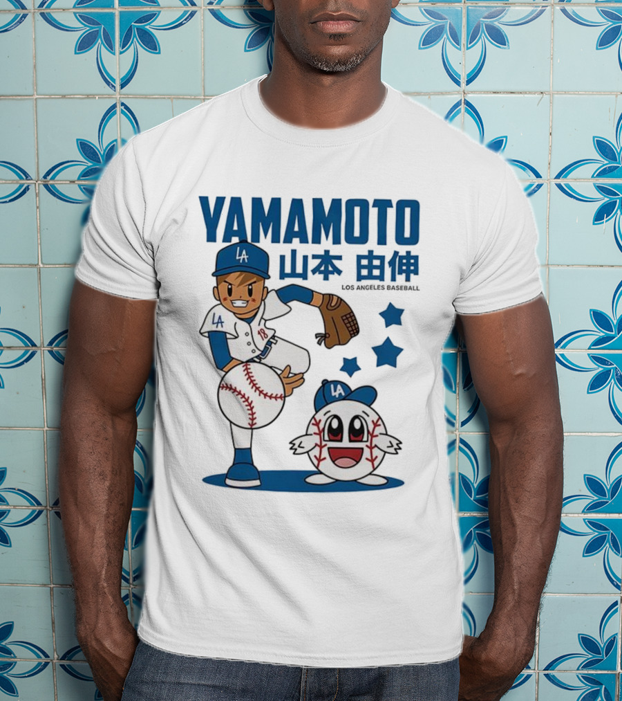 Yamamoto Los Angeles Dodgers Cartoon With Baseball Character And Stars T-Shirt