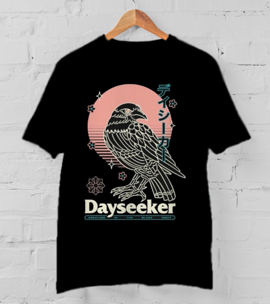 Dayseeker Creature In The Black Night Raven With Japanese Text And Sakura Motif T-Shirt