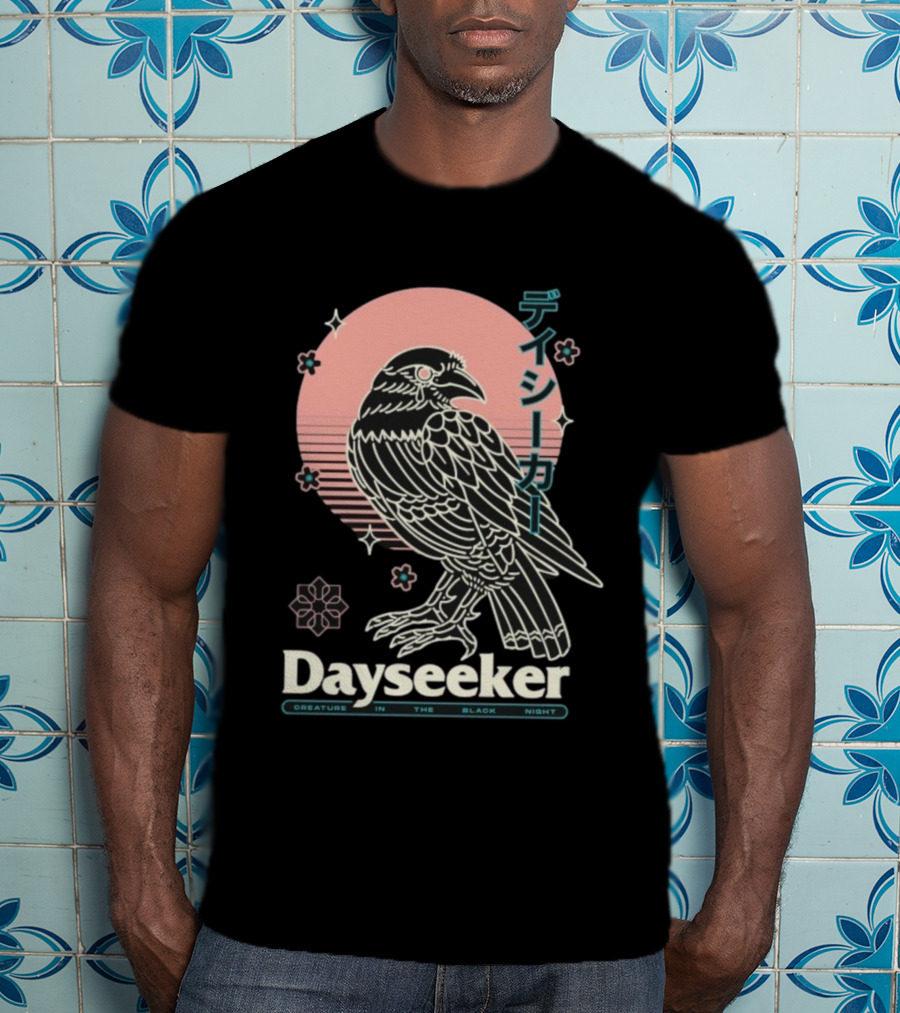 Dayseeker Creature In The Black Night Raven With Japanese Text And Sakura Motif T-Shirt