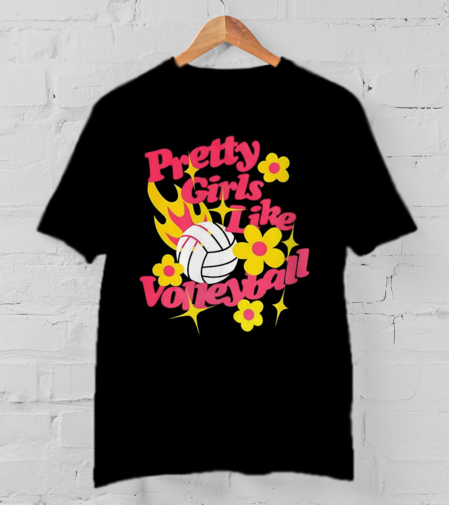 Pretty Girls Like Volleyball Flowers Yellow Pink Volleyball Floral Design T-Shirt