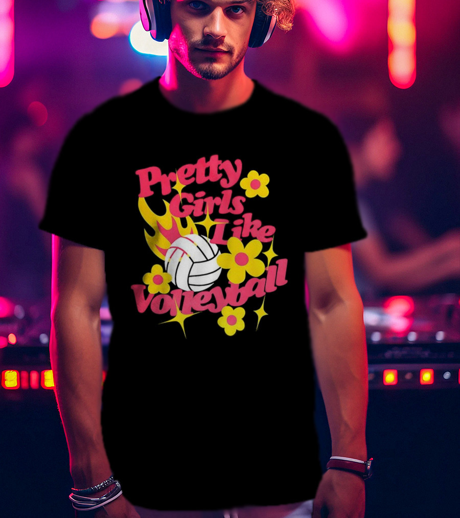 Pretty Girls Like Volleyball Flowers Yellow Pink Volleyball Floral Design T-Shirt