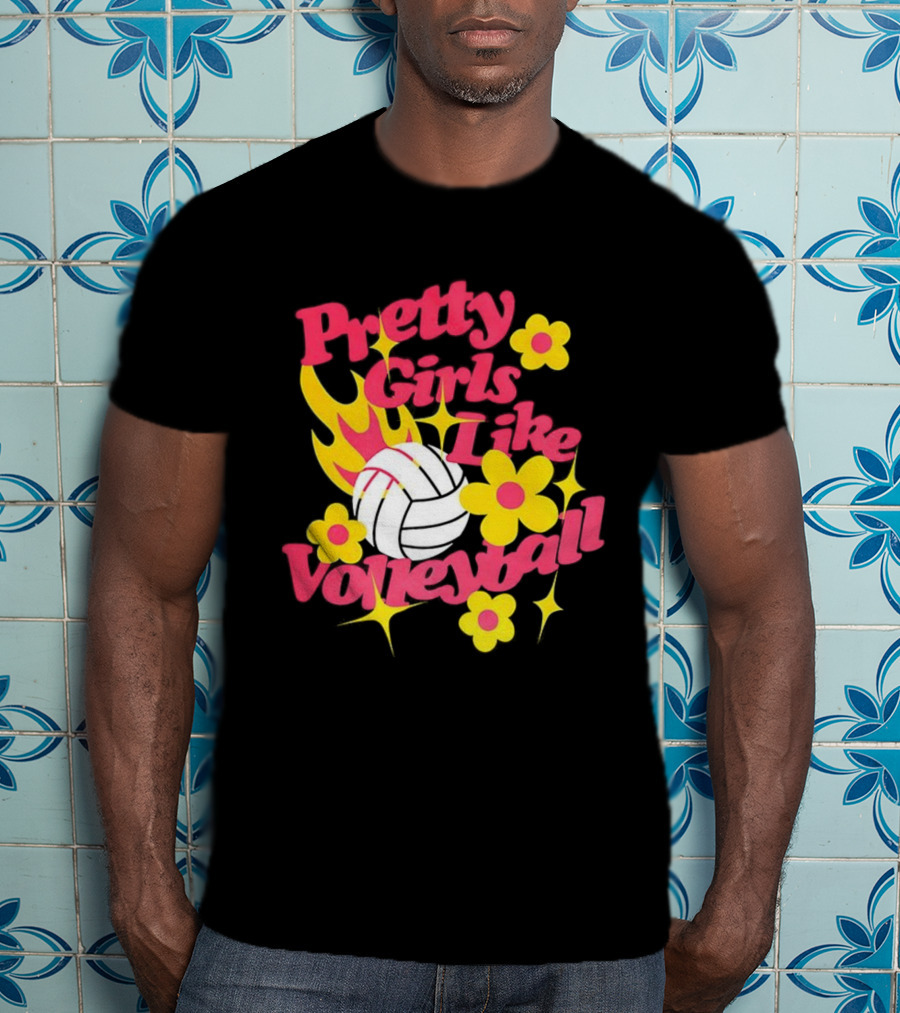 Pretty Girls Like Volleyball Flowers Yellow Pink Volleyball Floral Design T-Shirt