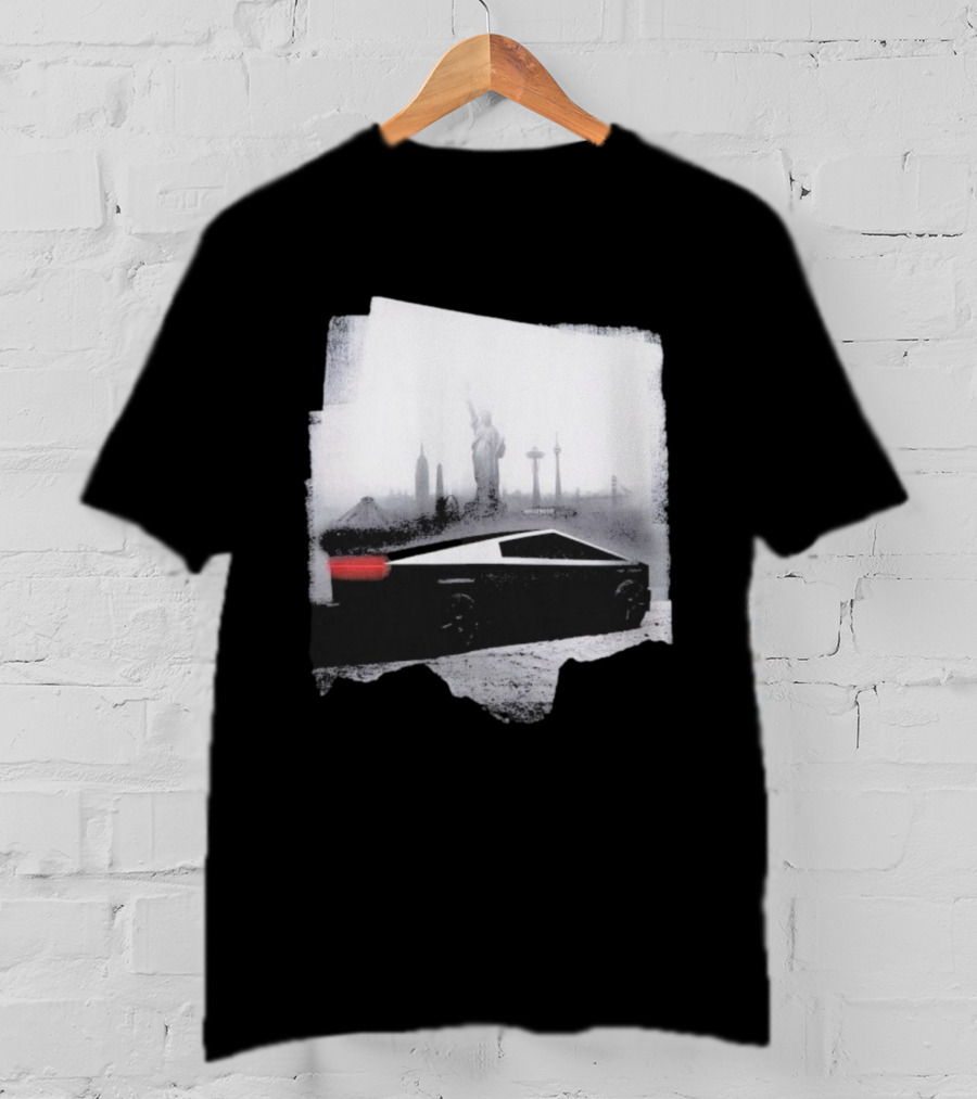 Tesla Cybertruck With Global Landmark Skyline T-Shirt