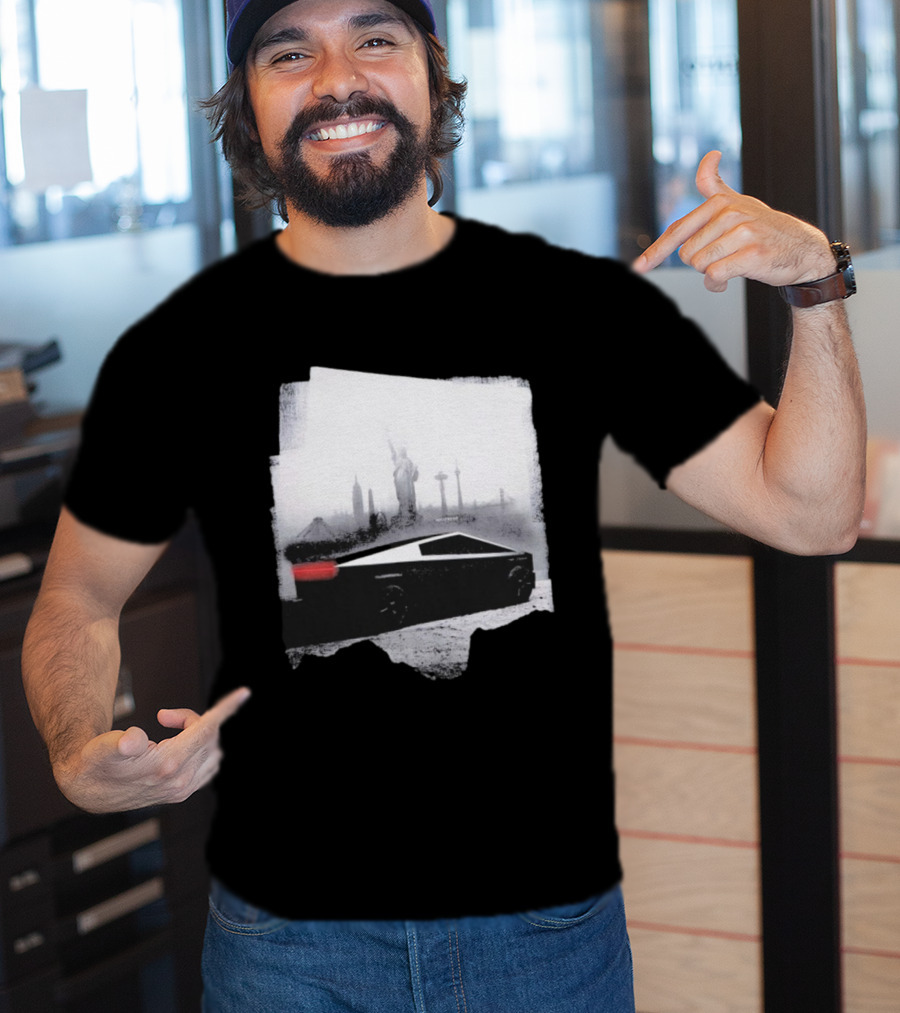 Tesla Cybertruck With Global Landmark Skyline T-Shirt