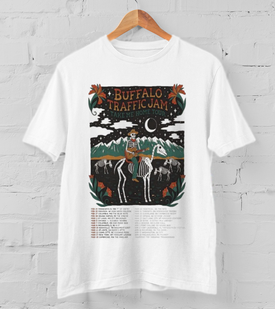 Buffalo Traffic Jam Take Me Home Tour 2026 Dates Skeleton Cowboy Riding Horse Moonlit Desert Scene T-Shirt