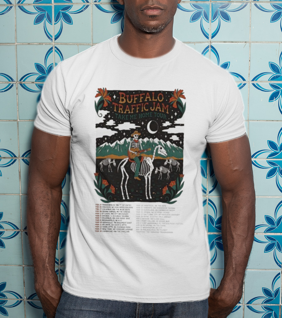 Buffalo Traffic Jam Take Me Home Tour 2026 Dates Skeleton Cowboy Riding Horse Moonlit Desert Scene T-Shirt