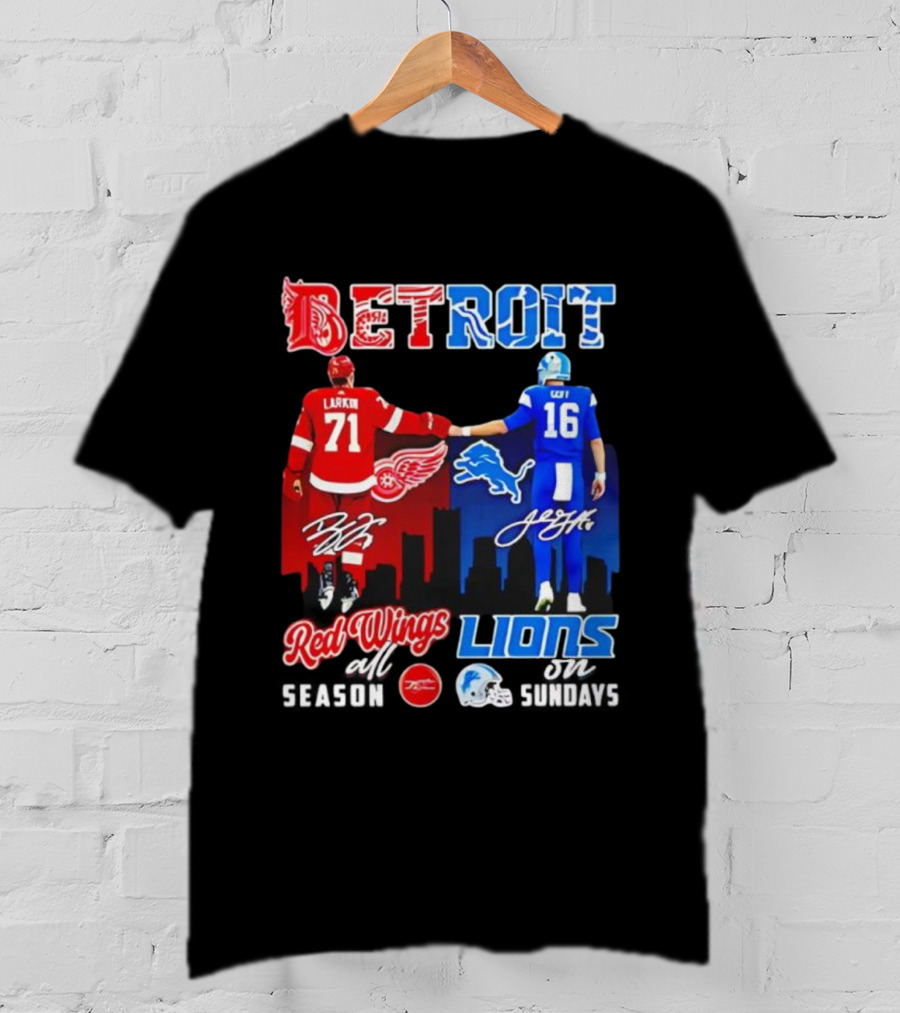 Detroit Sports Red Wings Lions Larkin Goff Signatures T-Shirt