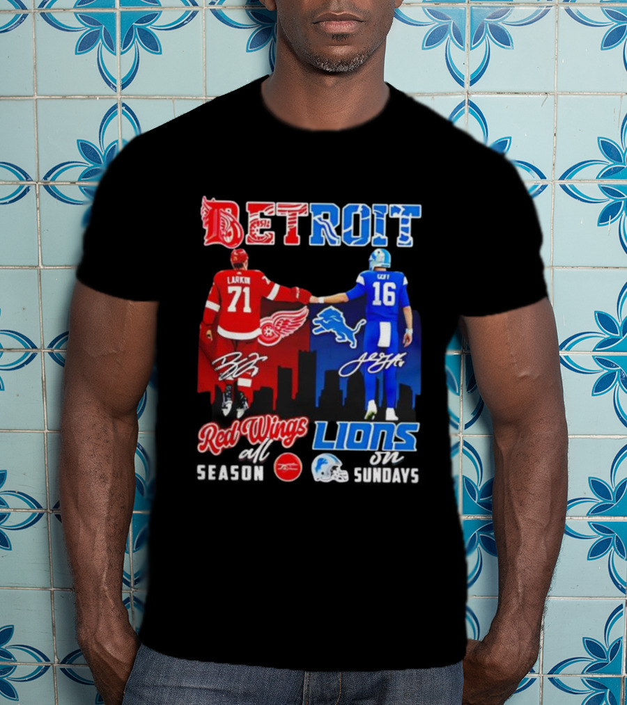 Detroit Sports Red Wings Lions Larkin Goff Signatures T-Shirt