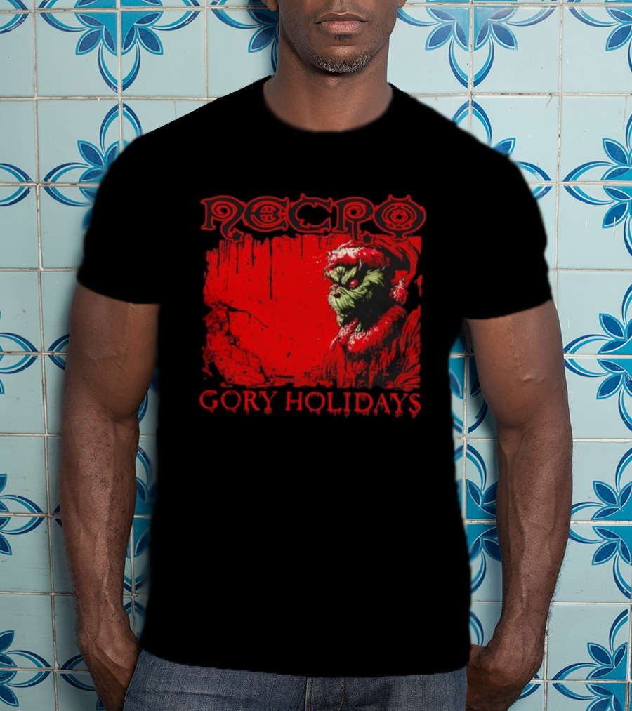 Necro Gory Holidays Grinch Santa Red Dripping Art T-Shirt