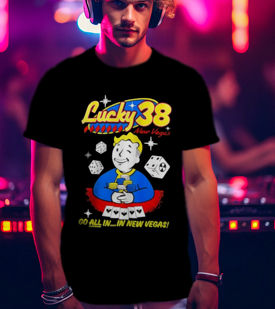 Lucky 38 Casino New Vegas Vault Boy Poker Chips Casino Dice T-Shirt