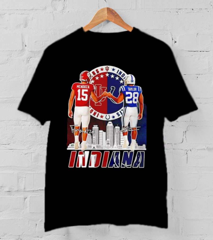 Indiana Hoosiers Mendoza 15 Indianapolis Colts Taylor 28 Signatures And City Skyline T-Shirt