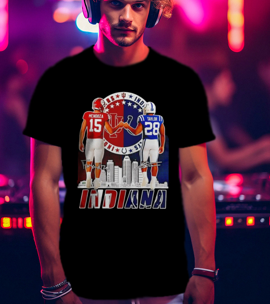 Indiana Hoosiers Mendoza 15 Indianapolis Colts Taylor 28 Signatures And City Skyline T-Shirt