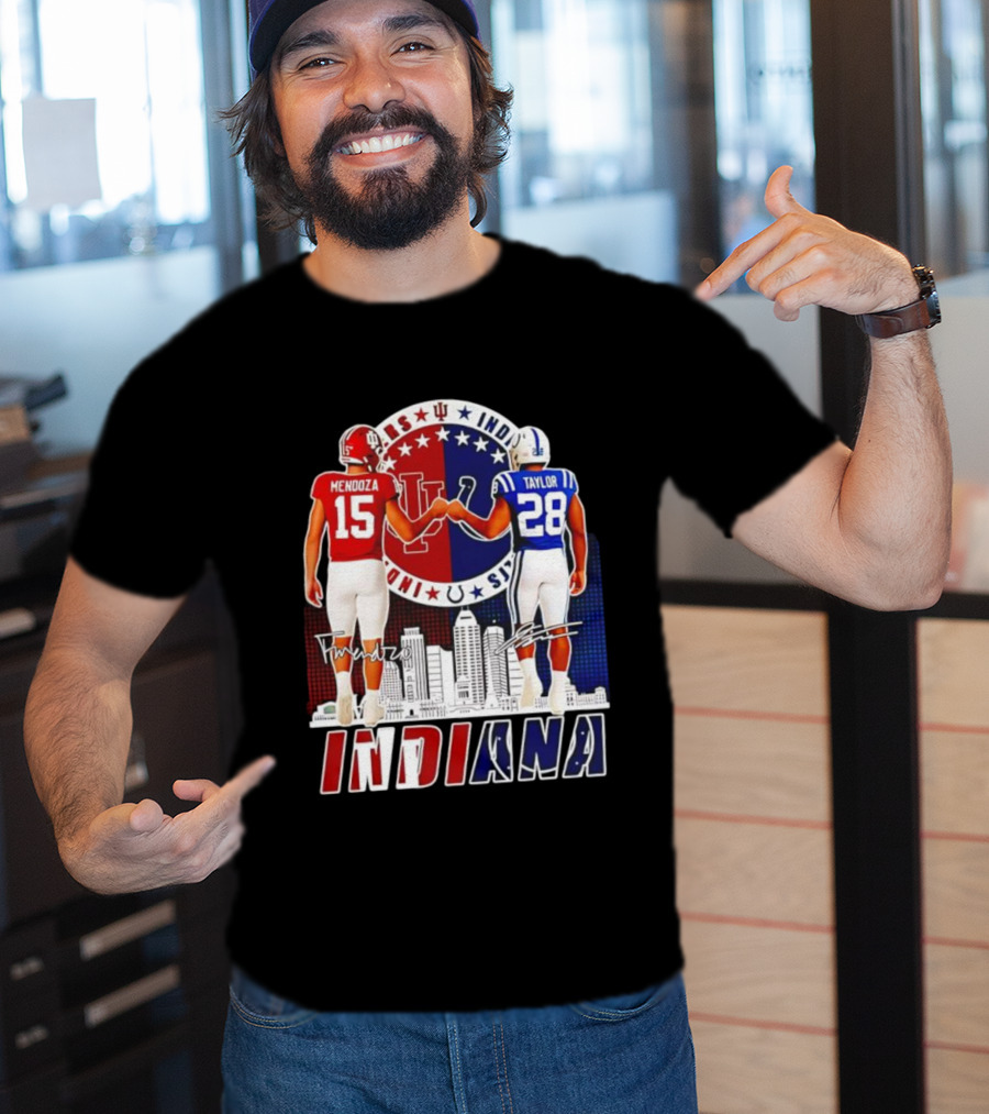 Indiana Hoosiers Mendoza 15 Indianapolis Colts Taylor 28 Signatures And City Skyline T-Shirt