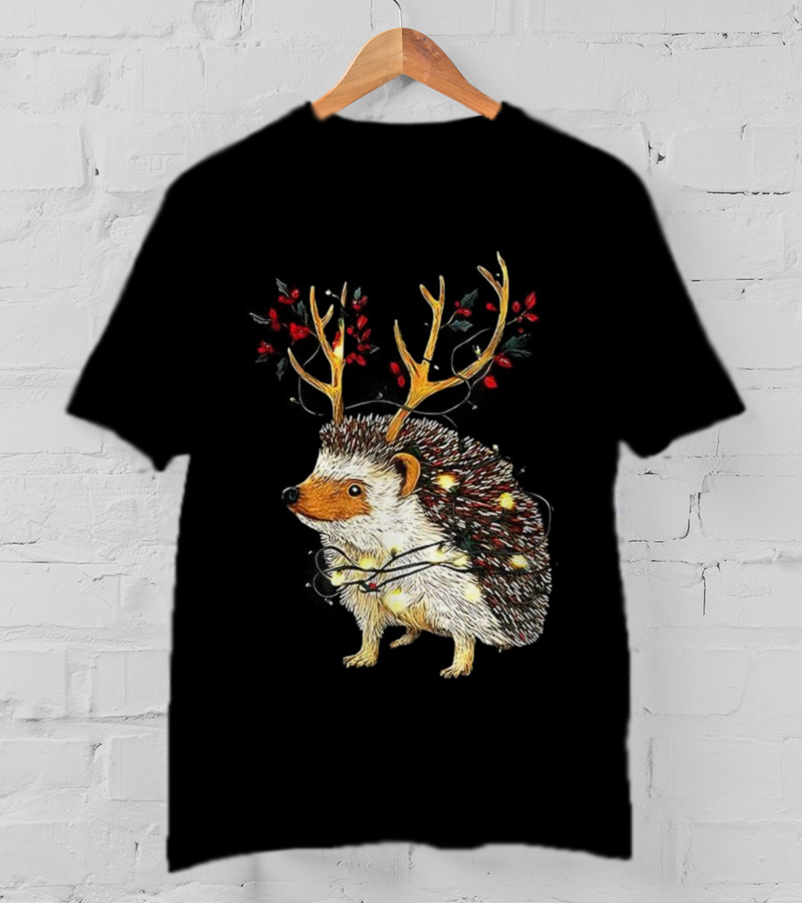 Hedgehog With Antlers Wearing String Of Lights Christmas Holiday Design T-Shirt