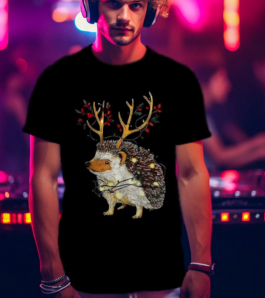 Hedgehog With Antlers Wearing String Of Lights Christmas Holiday Design T-Shirt