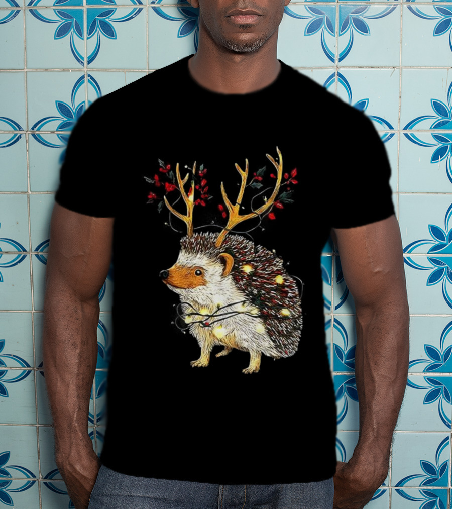 Hedgehog With Antlers Wearing String Of Lights Christmas Holiday Design T-Shirt
