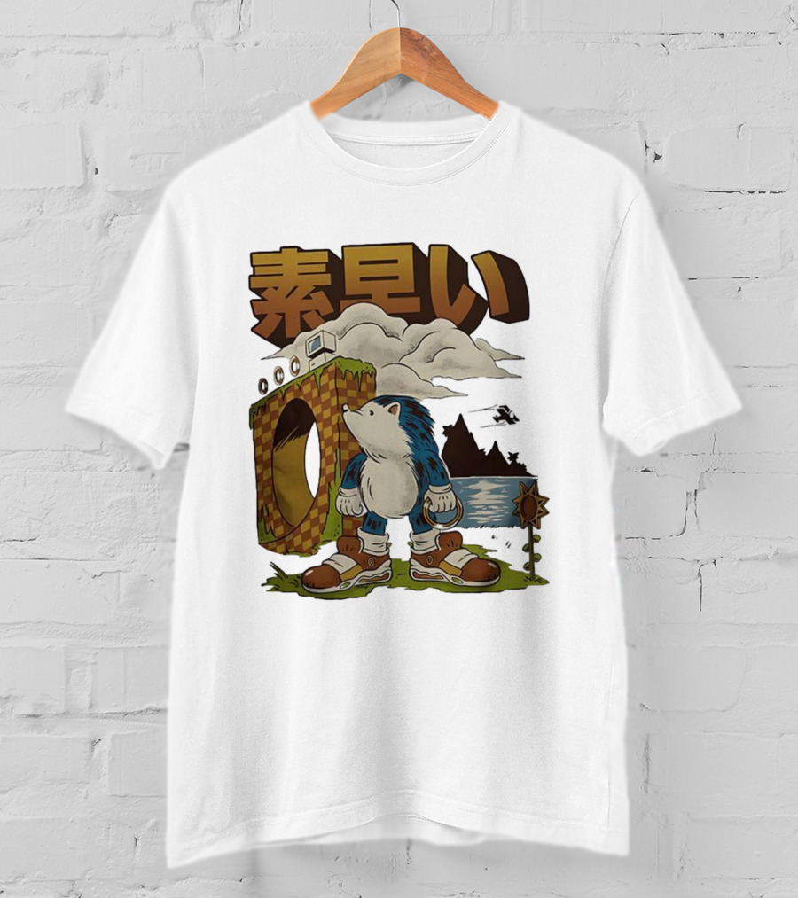 Hedgehog Retro Video Game Symbol Japanese Text T-Shirt