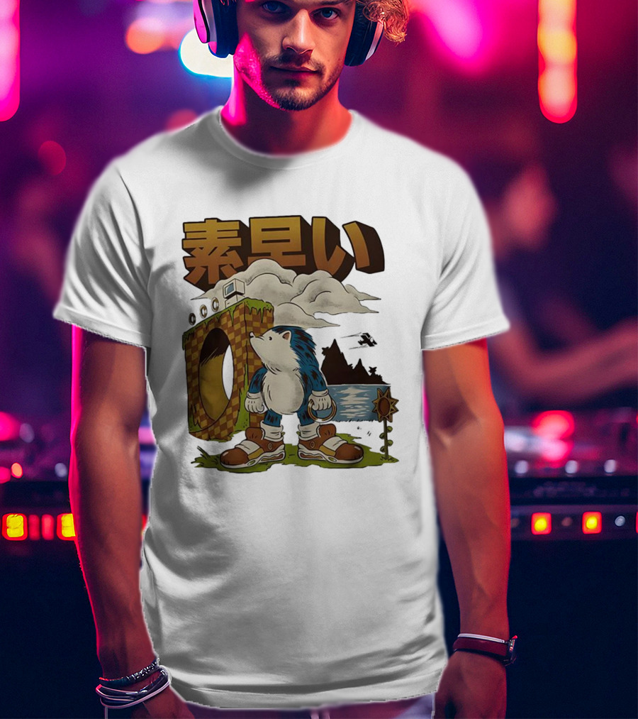 Hedgehog Retro Video Game Symbol Japanese Text T-Shirt