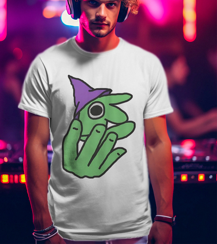 Glep Smiling Friends Character With Green Hand And Purple Hat T-Shirt