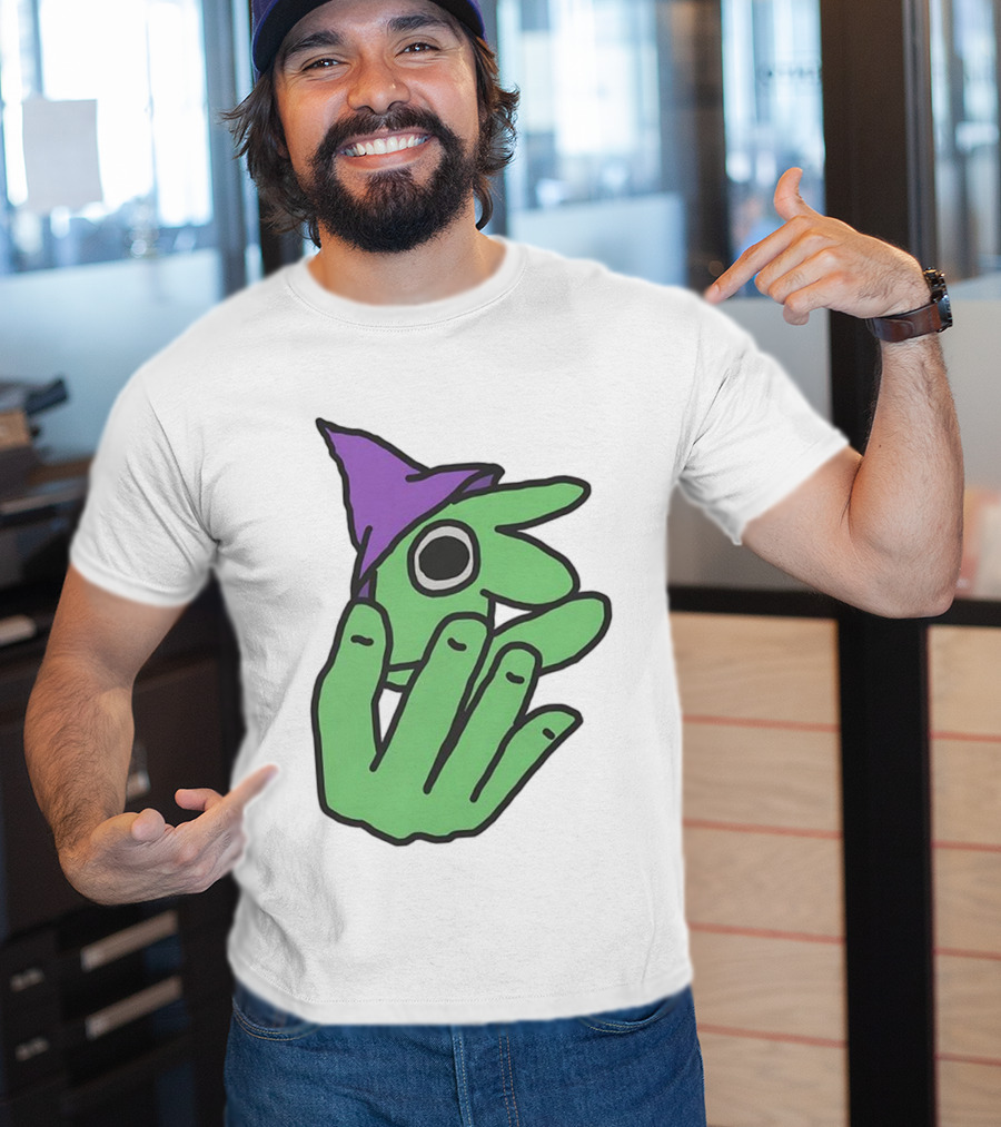 Glep Smiling Friends Character With Green Hand And Purple Hat T-Shirt