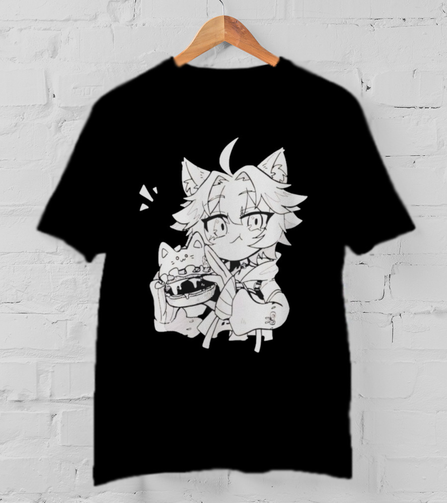 Genshin Impact Cat-Eared Character With Cat Burger Anime Illustration T-Shirt