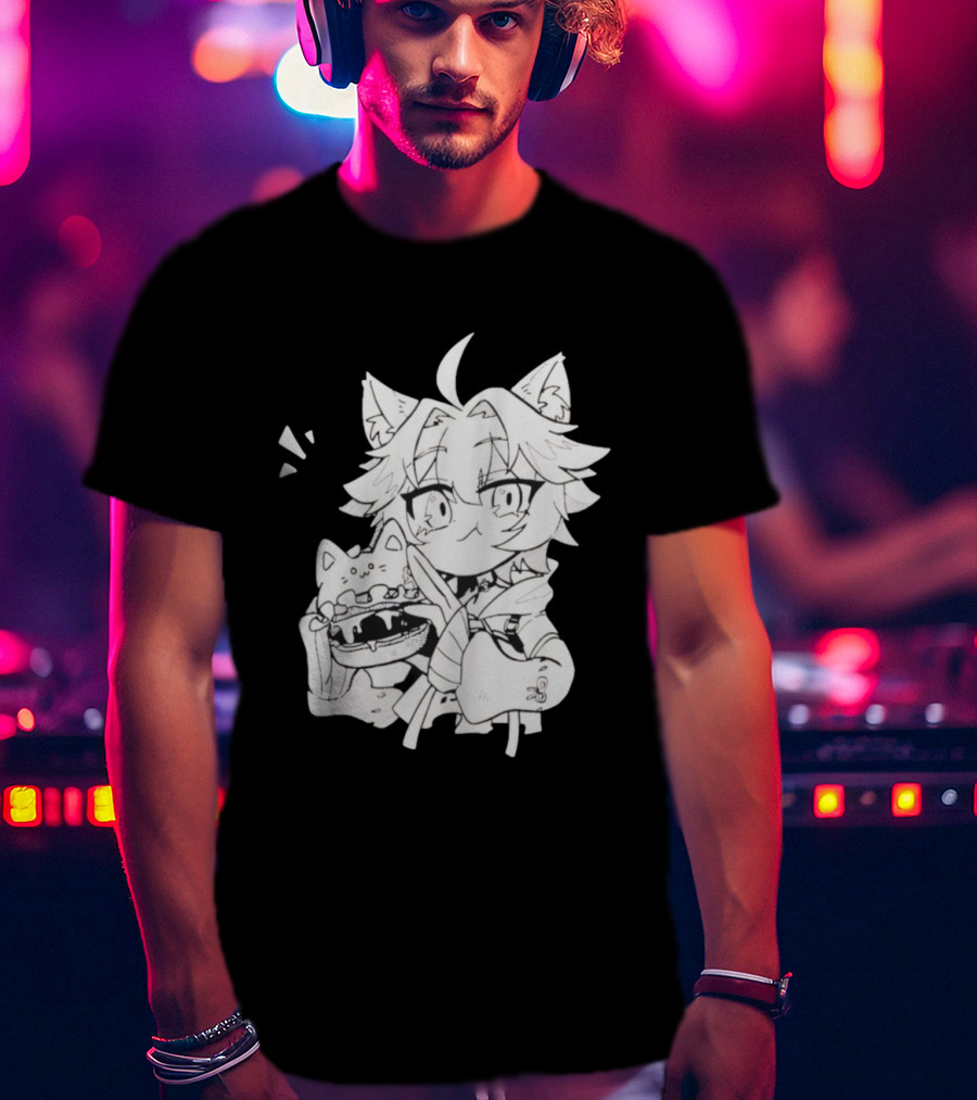 Genshin Impact Cat-Eared Character With Cat Burger Anime Illustration T-Shirt