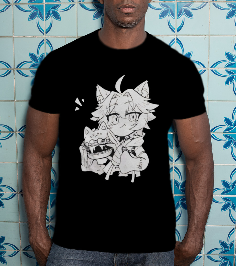 Genshin Impact Cat-Eared Character With Cat Burger Anime Illustration T-Shirt