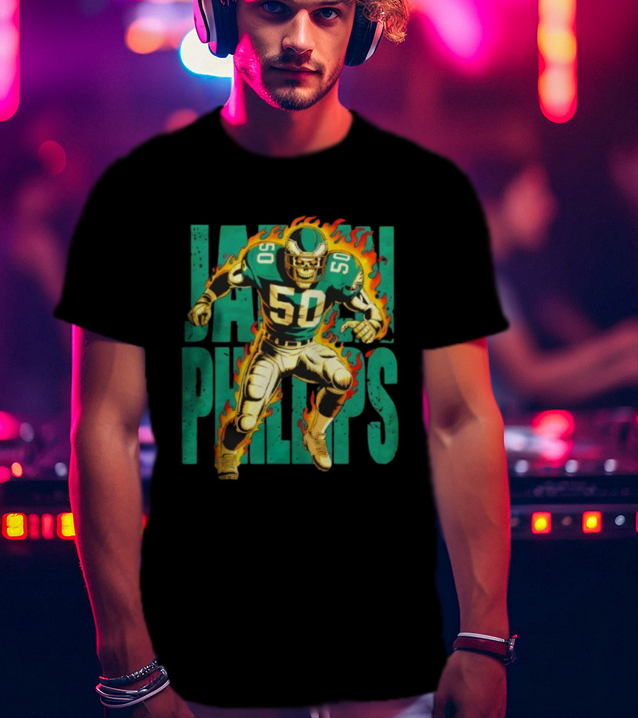 Jalen Phillips Skeleton Philadelphia Eagles Number 50 Flame Retro Style T-Shirt