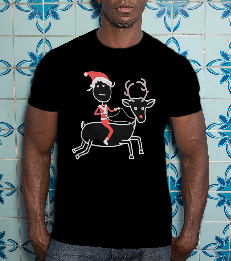 Rhenna Reindeer Santa Claus Christmas Stick Figure Art T-Shirt